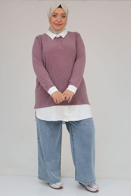 D-58159 Büyük Beden Kot Garnili Mir Tunik - Gül Kurusu 