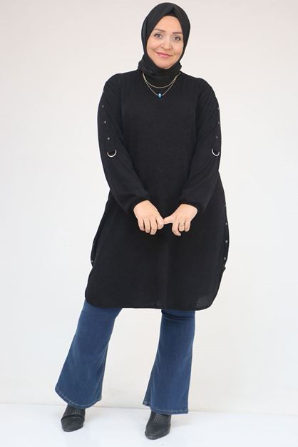 D-58131 Büyük Beden Kol Ve Etek Uçları Perçinli Mir Tunik - Siyah 