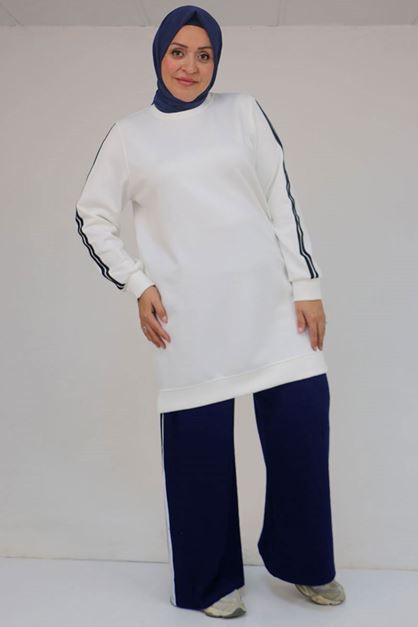 D-57059 Büyük Beden Alt-Üst Renk Kombinli Modal Pantolonlu Takım - Lacivert 