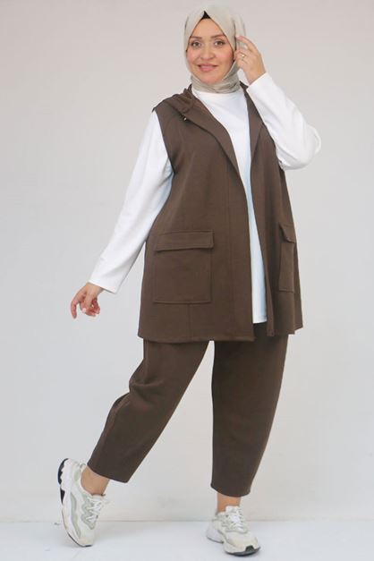 D-57305 Büyük Beden Modal Yeleği Cepli Üçlü Takım - Kahve
