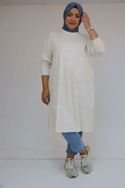 D-58153 Büyük Beden Basic Batik Modal Tunik - Batik Ekru 