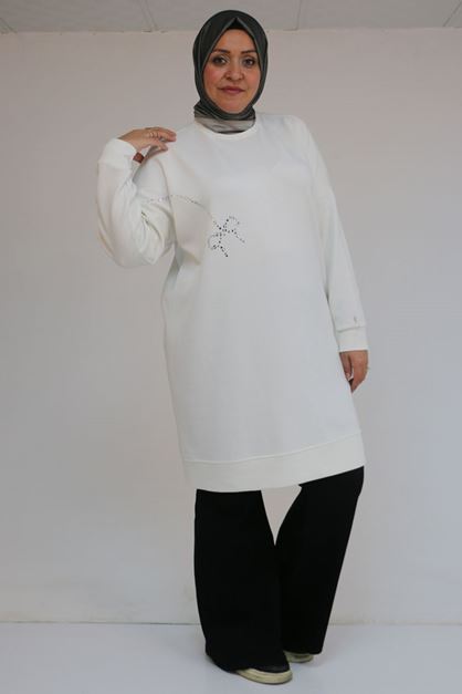 D-58165 Büyük Beden Taş Baskı Detaylı Modal Tunik - Ekru