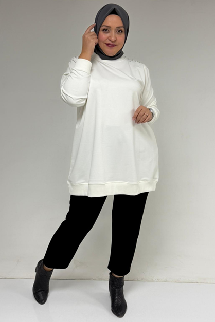 58171 Büyük Beden Omuzunda Taş Detaylı Kristal Tunik - Ekru