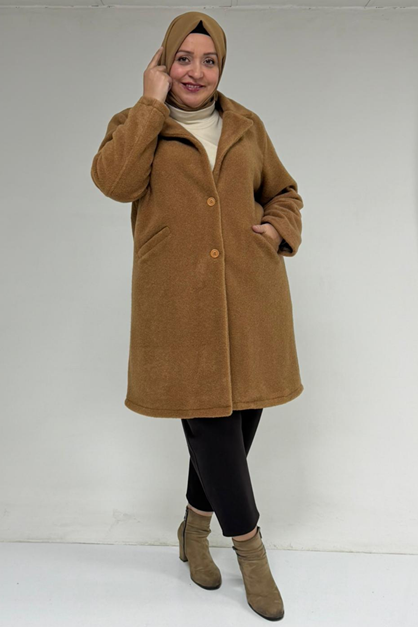 53051 Büyük Beden Keçe Kaban - Taba