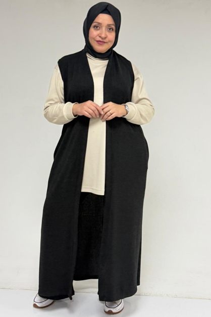 54015 Büyük Beden Yırtmaçlı Cepli Uzun Mir Yelek - Siyah