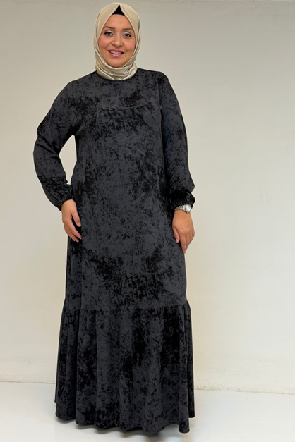 52032 Büyük Beden Eteği Fırfırlı Batik Modal Elbise - Batik Siyah