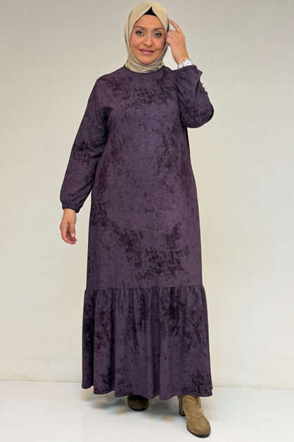 52032 Büyük Beden Eteği Fırfırlı Batik Modal Elbise - Batik Mürdüm