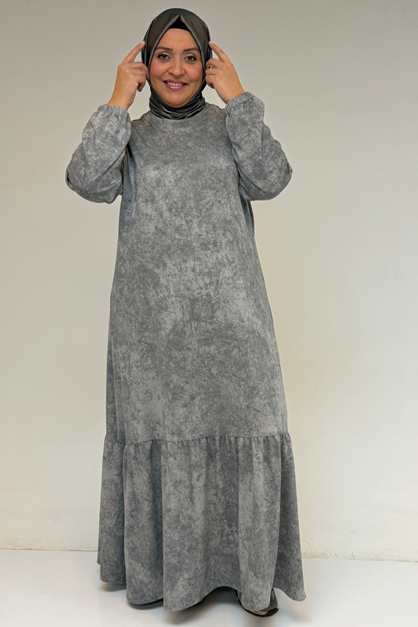 52032 Büyük Beden Eteği Fırfırlı Batik Modal Elbise - Batik Gri