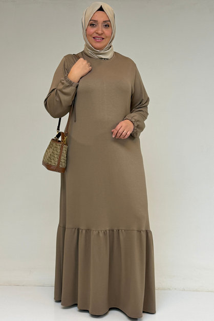 52033 Büyük Beden Eteği Fırfırlı Modal Elbise - Vizon