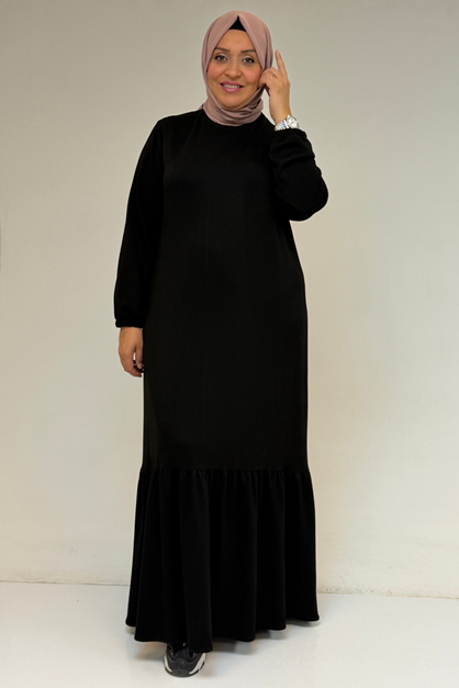 52033 Büyük Beden Eteği Fırfırlı Modal Elbise - Siyah