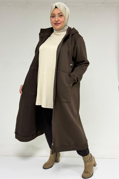 33103 Büyük Beden Fermuarlı Üç İplik Kap - Kahve