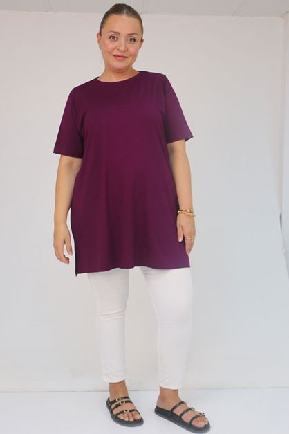 58507 Büyük Beden Yakası Biyeli Penye Tişört - Mürdüm