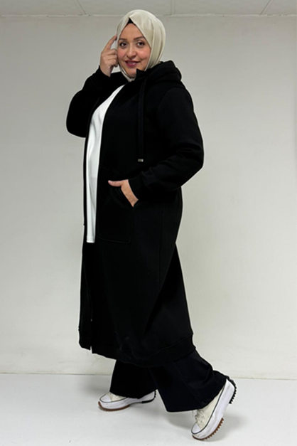 D-33103 Büyük Beden Fermuarlı Üç İplik Kap - Siyah