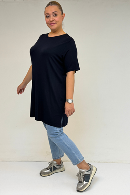 D-58507 Büyük Beden Yakası Biyeli Penye Tişört - Lacivert