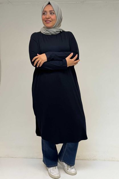 38110 Large Size Low Sleeve Combed Cotton Tunic-Navy Blue