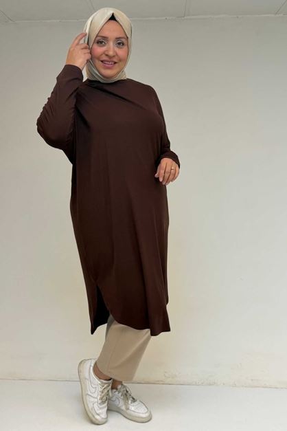 38110 Large Size Low Sleeve Combed Cotton Tunic-Brown