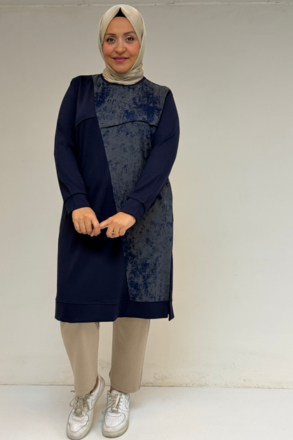 48110 Büyük Beden Batik Garni Detaylı Modal Tunik - İndigo