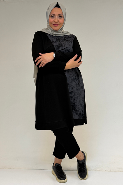 48110 Büyük Beden Batik Garni Detaylı Modal Tunik - Siyah