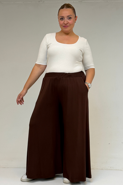 49003 Büyük Beden Beli Lastikli Penye Etek Pantolon - Kahve