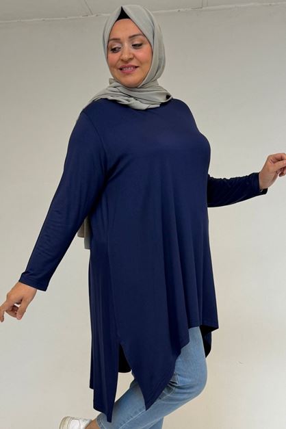58070 Büyük Beden Asimetrik Kesim Penye Tunik - İndigo