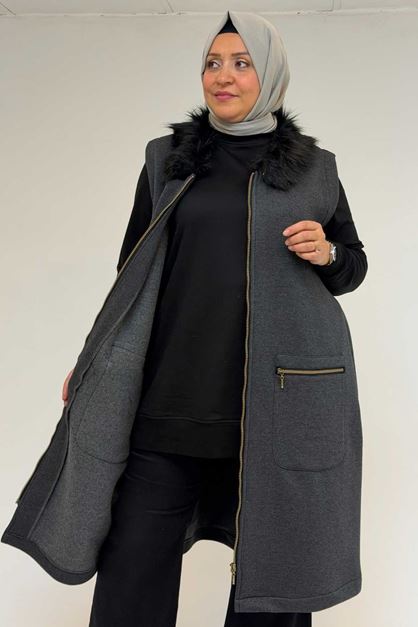 44006 Büyük Beden Cepleri Fermuarlı Üç İplik Yelek - Antrasit