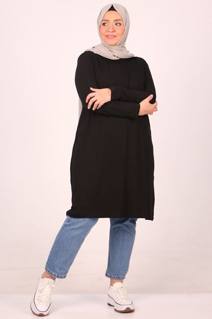 38501 Büyük Beden Basic Penye Tunik -  Siyah