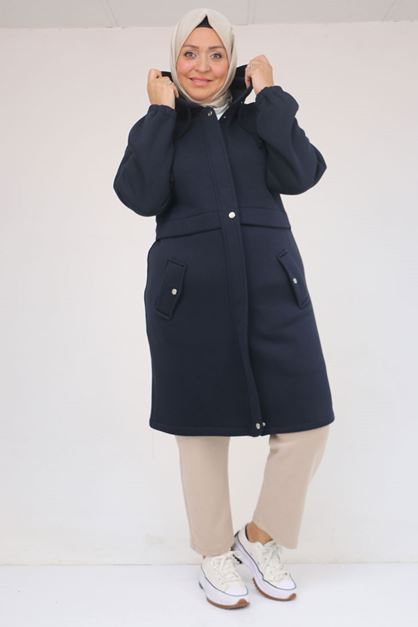 43076 Büyük Beden Cepli Kapşonlu Üç İplik Kap - Lacivert