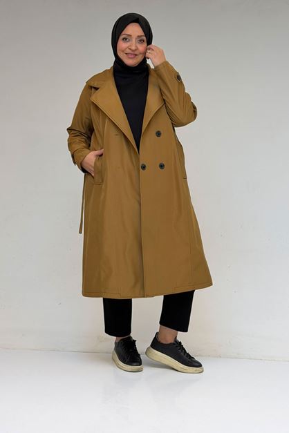 33094 Büyük Beden Bondit Kemerli Trençkot - Açık Taba