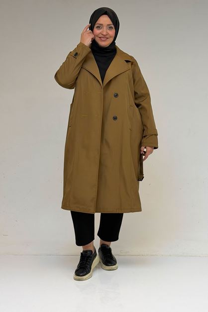 33094 Büyük Beden Bondit Kemerli Trençkot - Taba