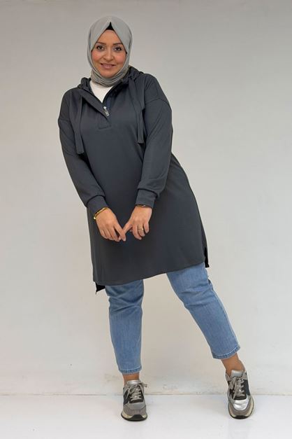 58135 Büyük Beden Kapşonlu Yarım Petlı Modal Tunik - Antrasit
