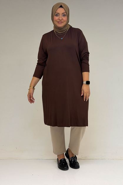 8180 تونيك بأزرار مقاس كبير -  لون القهوة 