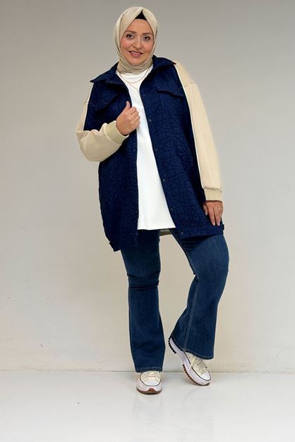 53029 Büyük Beden Biye Detaylı Kombinli Modal-Kapitone Ceket - İndigo-Bej