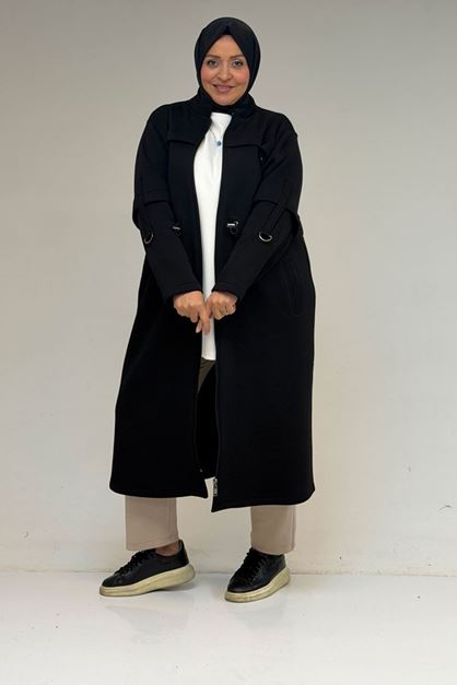 43065 Büyük Beden Hakim Yaka Önden Fermuarlı Üç İplik Kap - Siyah