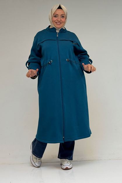 43065 Büyük Beden Hakim Yaka Önden Fermuarlı Üç İplik Kap - Petrol