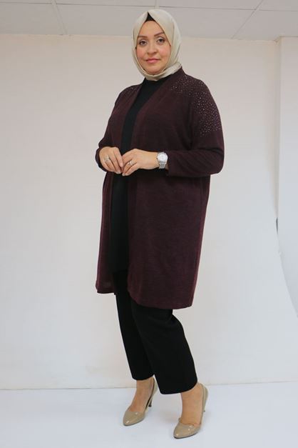 53047 Büyük Beden Omzu Taş Detaylı Mir Ceket - Mürdüm