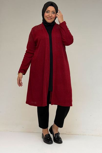 53047 Büyük Beden Omzu Taş Detaylı Mir Ceket - Bordo
