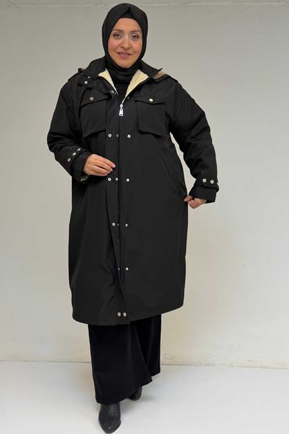 D-43061 Büyük Beden Kapaklı Cepli Fermuarlı Bondit Kap - Siyah - kopya