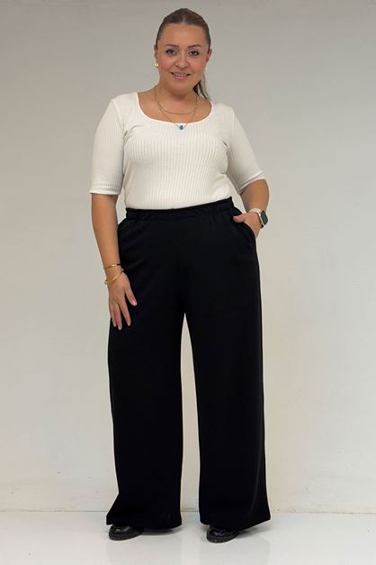 D-59039 Büyük Beden Beli Lastikli Çelik Pantolon - Siyah 