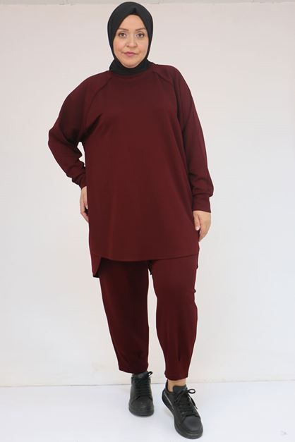 D-47093 Büyük Beden Eteği Parça Detaylı Pantolonlu Modal Takım - Bordo