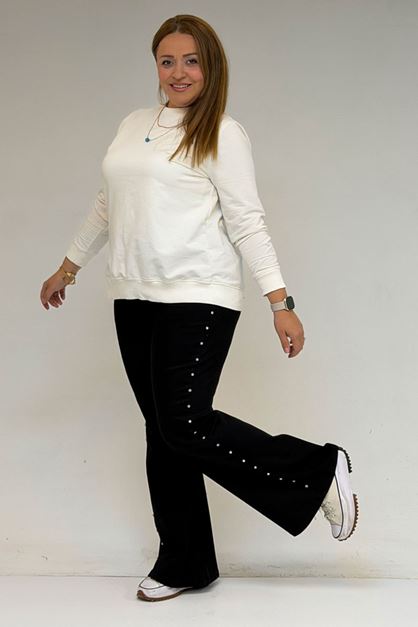 59040 Büyük Beden İspanyol  Paça Taş Baskı Detaylı Kot Pantolon - Siyah