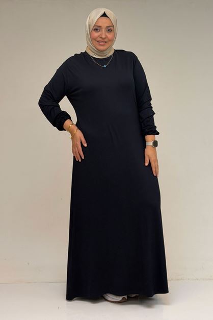22008 Plus Size Combed Cotton Dress With Elastic Sleeve -Black