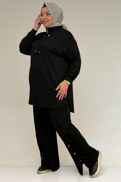57034 Büyük Beden Çift Düğme Detaylı Modal Pantolonlu Takım - Siyah