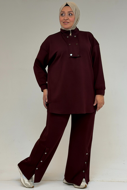 57034 Büyük Beden Çift Düğme Detaylı Modal Pantolonlu Takım - Bordo
