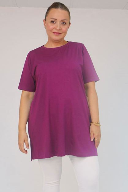 58507 Büyük Beden Yakası Biyeli Penye Tişört - Mor