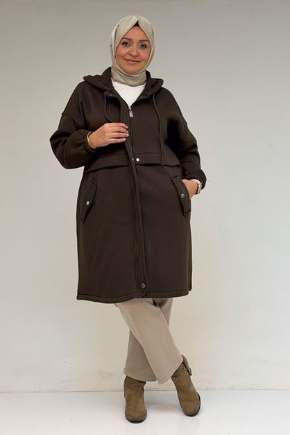 D-43076 Büyük Beden Cepli Kapşonlu Üç İplik Kap - Kahve