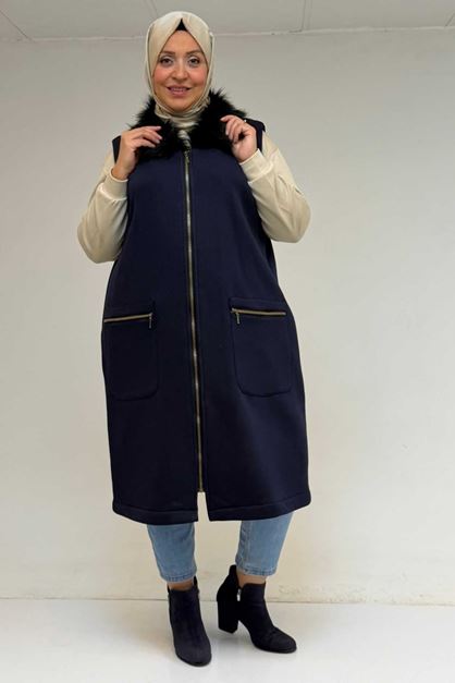 D-44006 Büyük Beden Cepleri Fermuarlı Üç İplik Yelek - Lacivert 