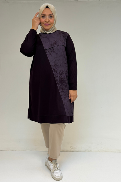 D-48110 Büyük Beden Batik Garni Detaylı Modal Tunik - Mürdüm 