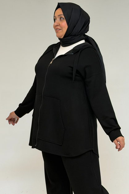 57022 Büyük Beden Kanguru Cepli Fermuarlı  Modal Pantolonlu  Takım - Siyah