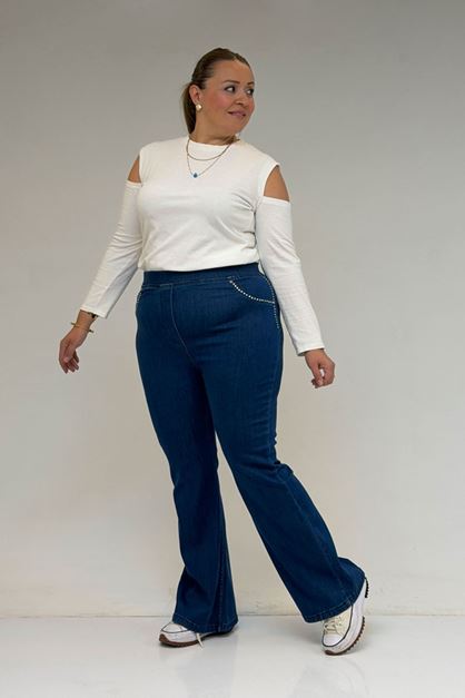 D-59041 Büyük Beden İspanyol  Taş Baskı Detaylı Kot Pantolon - Mavi 