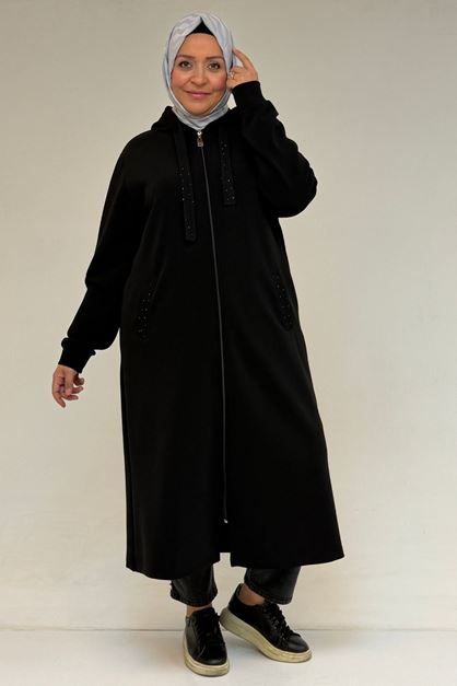 D-53067 Büyük Beden Kapşonlu Çelik Ceket - Siyah